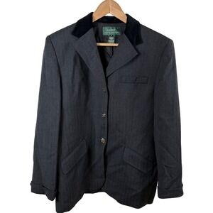Ralph Lauren Gray Wool Herringbone Blazer Equestrian Velvet Collar Women's 14